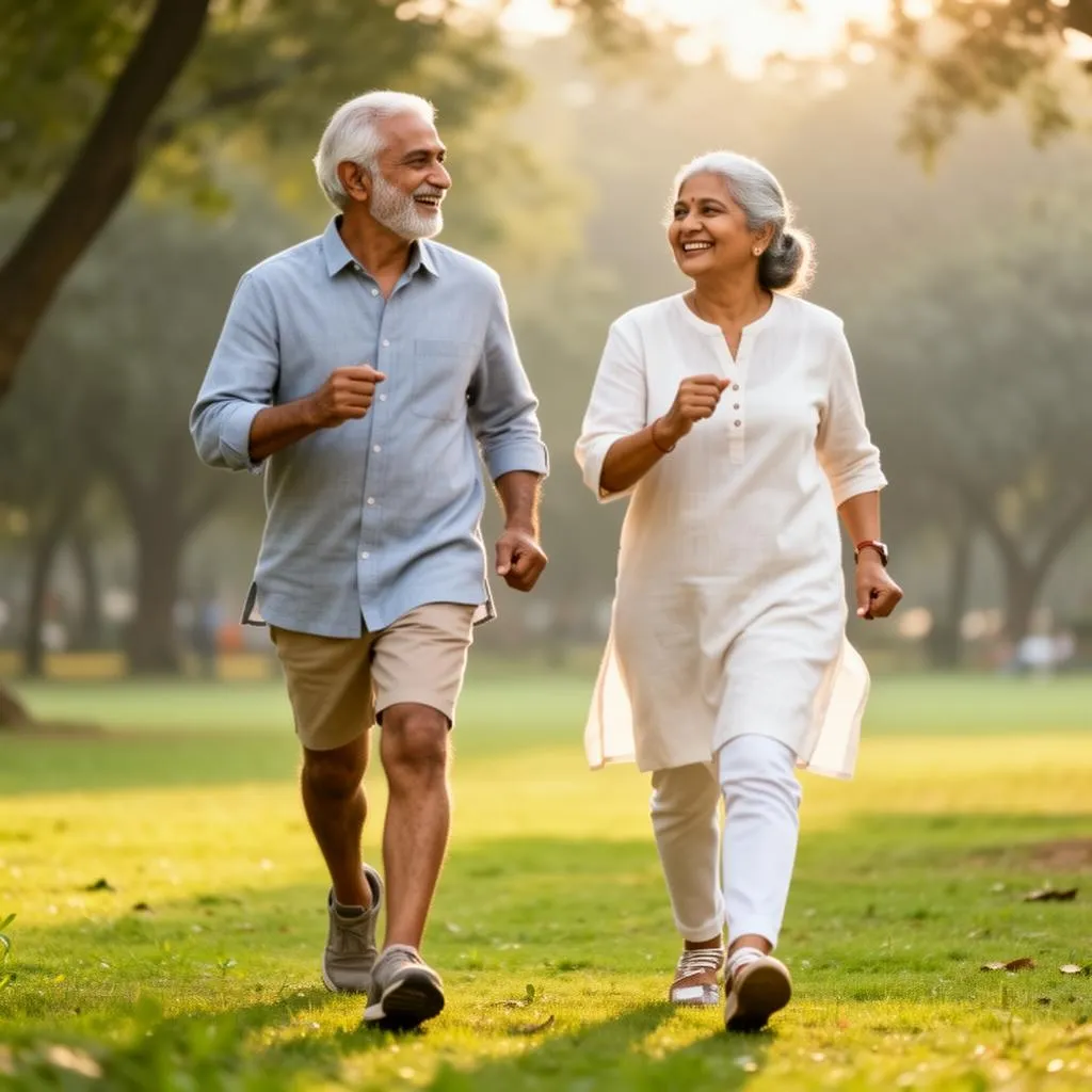 Older Indian couple walking briskly together outdoors