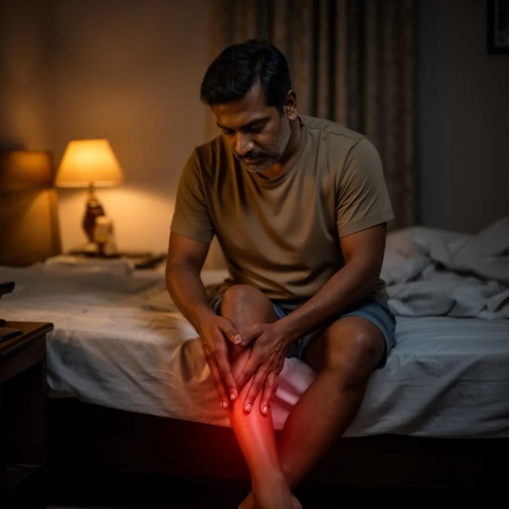 Man sitting on a bed holding his aching leg at night